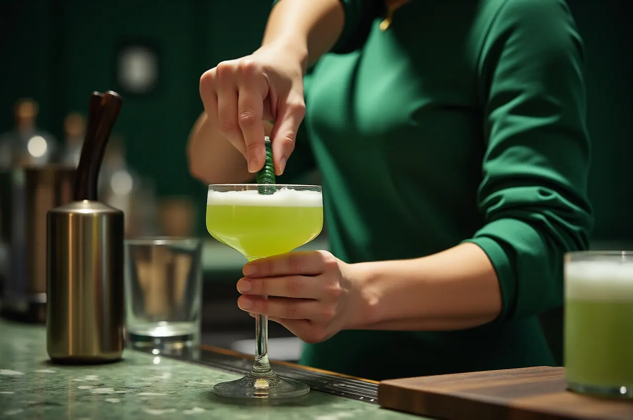 Dłonie barmana podające zielony koktajl gin fizz z matchą na barze