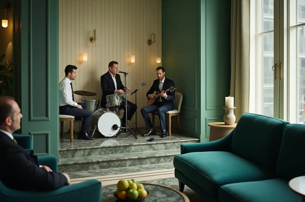 Trio jazzowe gra na małej scenie w lounge'u, goście słuchają
