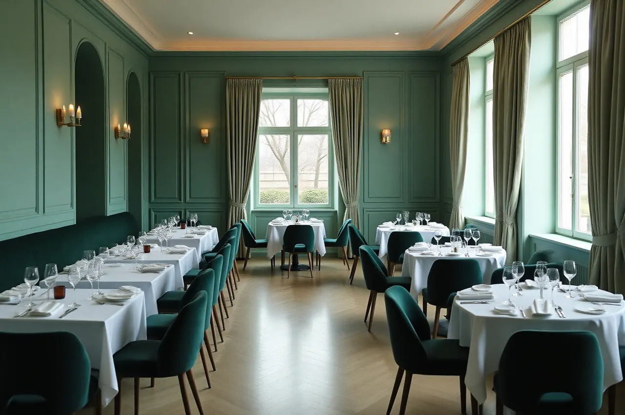 Pusta sala restauracji przed otwarciem, nakryte stoły, szmaragdowy aksamit i marmur