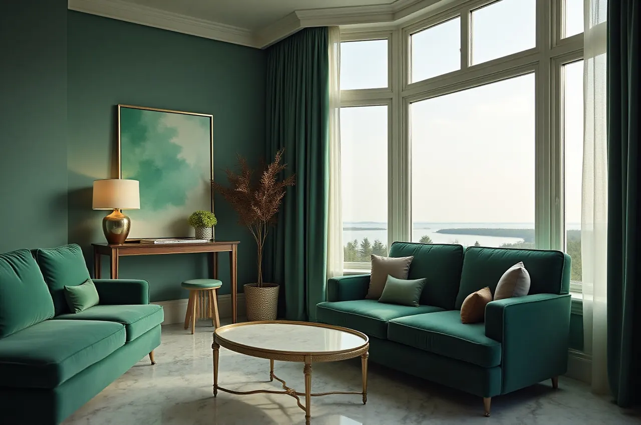 Salon apartamentu z sofą i panoramicznymi oknami