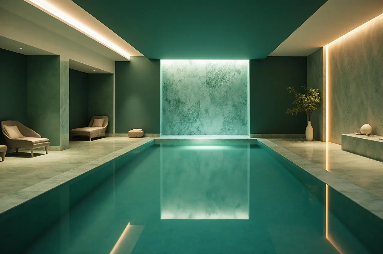 Kryty basen hotelowy i strefa spa w miękkim, miętowym świetle